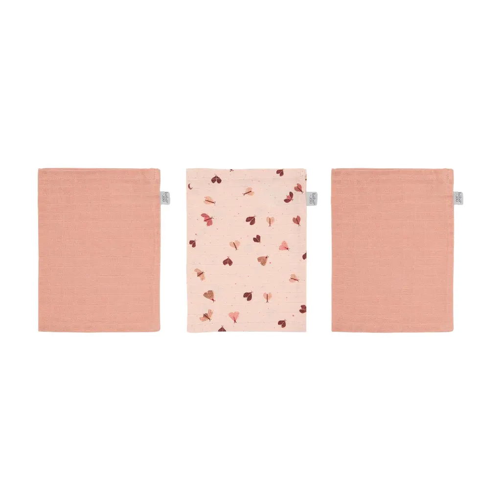 Wash mitts Muslin 3 Pieces Sweet Butterfly | Pink