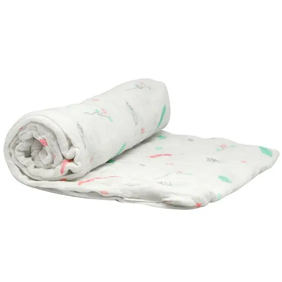 Wikkeldoek Bamboe Tetra 120x120cm Feathers Pink | Wit/Roze