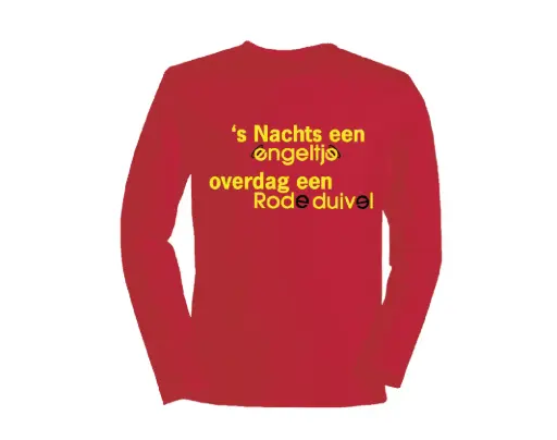 T-shirt Lange Mouw Rode Duivels ''s Nachts een engeltje, overdag een Duivel' | Rood